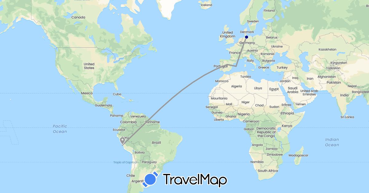 TravelMap itinerary: driving, plane in Germany, Spain, Peru (Europe, South America)